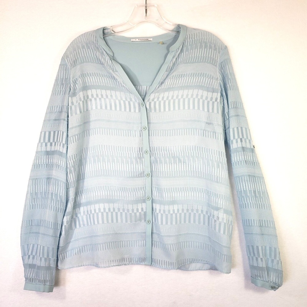 T Tahari Womens Small Blue Sheer Long Sleeve Button Down Blouse Career Office